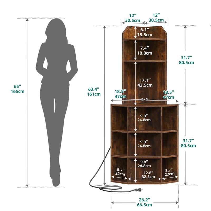 Moasis Industrial Corner Display Bookshelf Bookcase with USB Ports and Outlets
