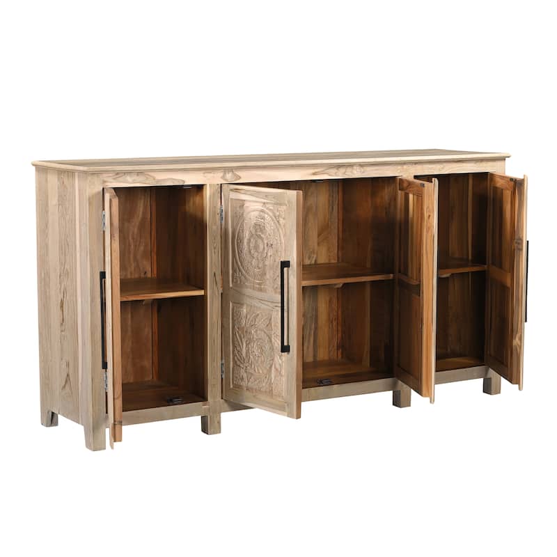 HomeRoots 74" Natural Distressed Solid Wood Carved Floral Sideboard with Four Doors - 74.00 in. x 38.00 in. x 18.00 in.