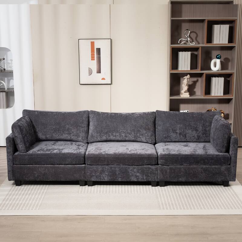 Chenille Upholstered 3 Seater Sofa, Cloud Sofa with 2 Pillows, Deep Seat Sofa with Storage Pocket for Living Room, Apartment