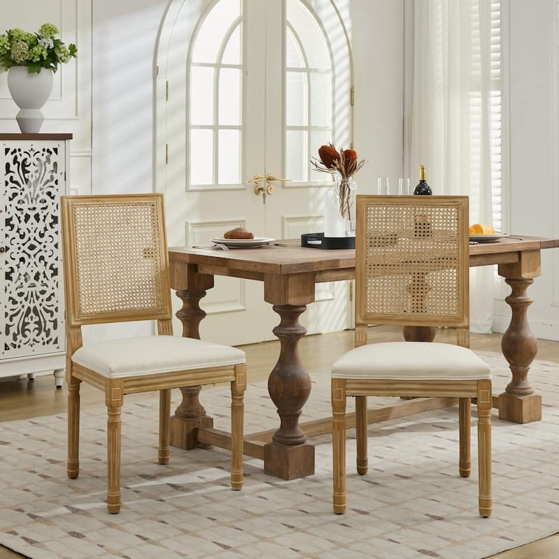 GDF Studio - French Modern Wood Dining Chairs with Rattan Backrest, Upholstered Seat, Set of 2 with Carved Frame - Beige
