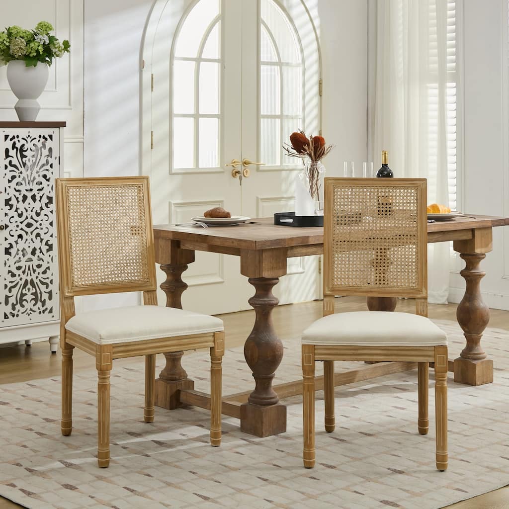 GDF Studio - French Modern Wood Dining Chairs with Rattan Backrest, Upholstered Seat, Set of 2 with Carved Frame