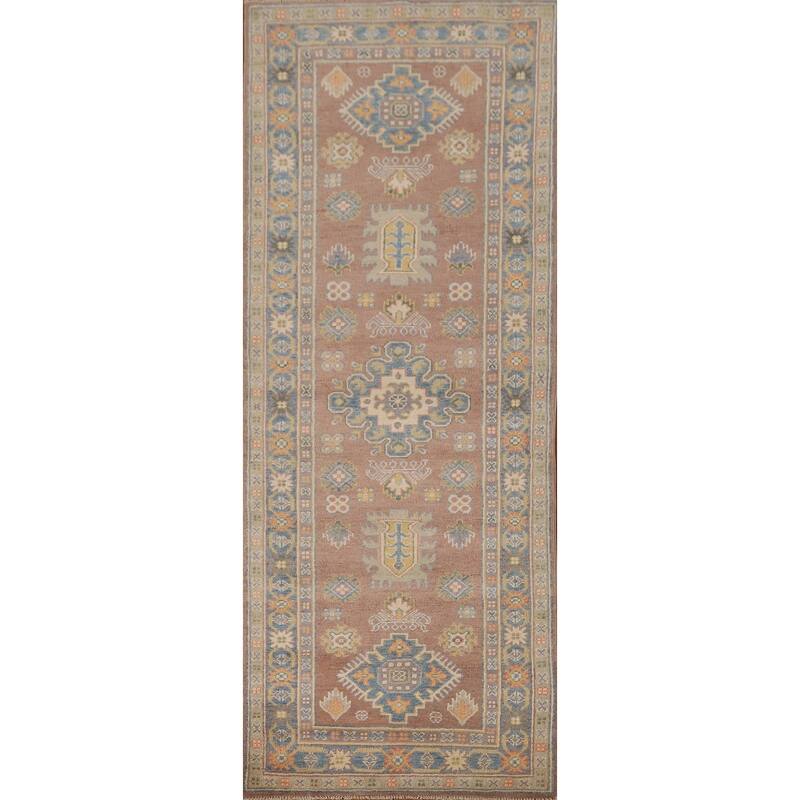 Geometric Brown Kazak Runner Rug Handmade Wool Carpet - 2'10" x 8'4"