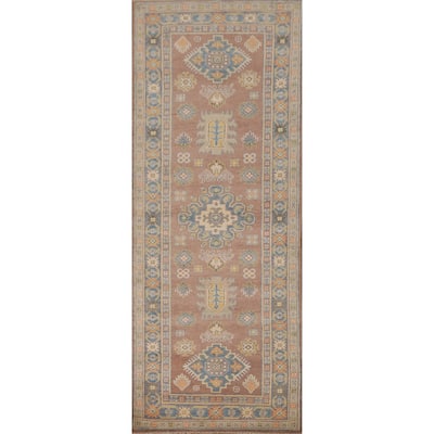 Geometric Brown Kazak Runner Rug Handmade Wool Carpet - 2'10" x 8'4"