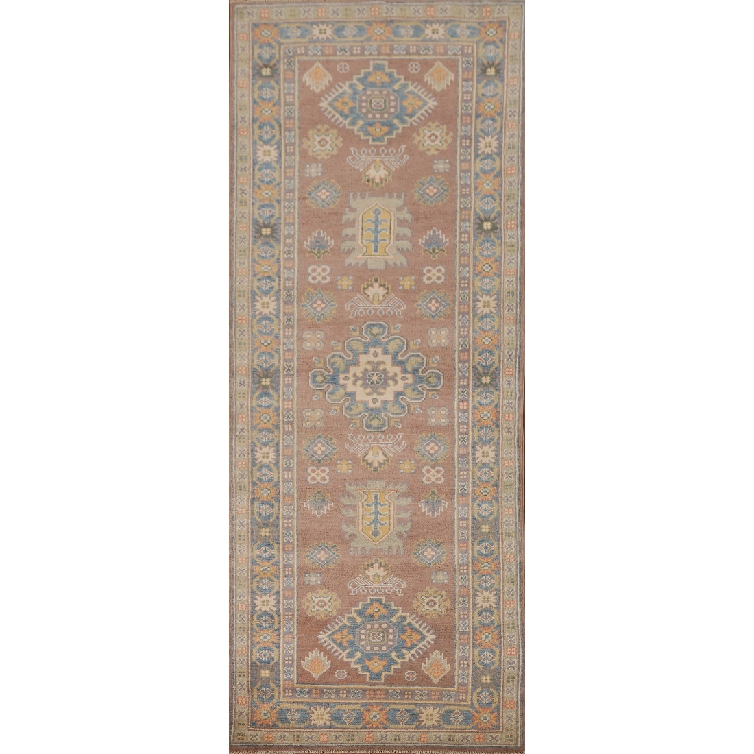 Geometric Brown Kazak Runner Rug Handmade Wool Carpet - 2'10" x 8'4"