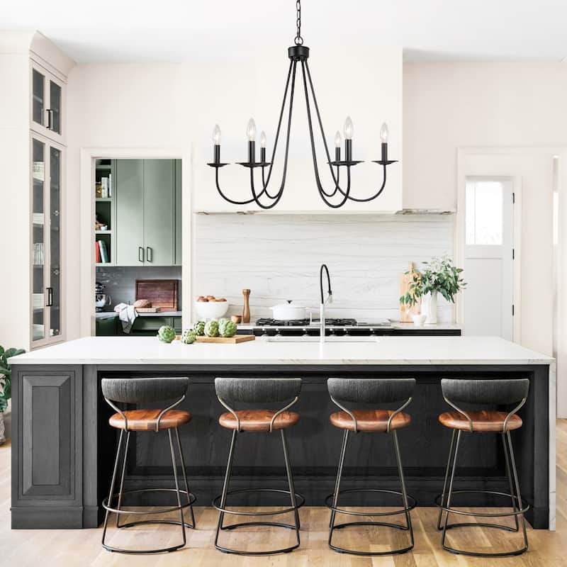 Modern Farmhouse Black Classic Candle Unique Chandelier with Adjustable Swing Arms for Dining Room - D28" x H84.5"