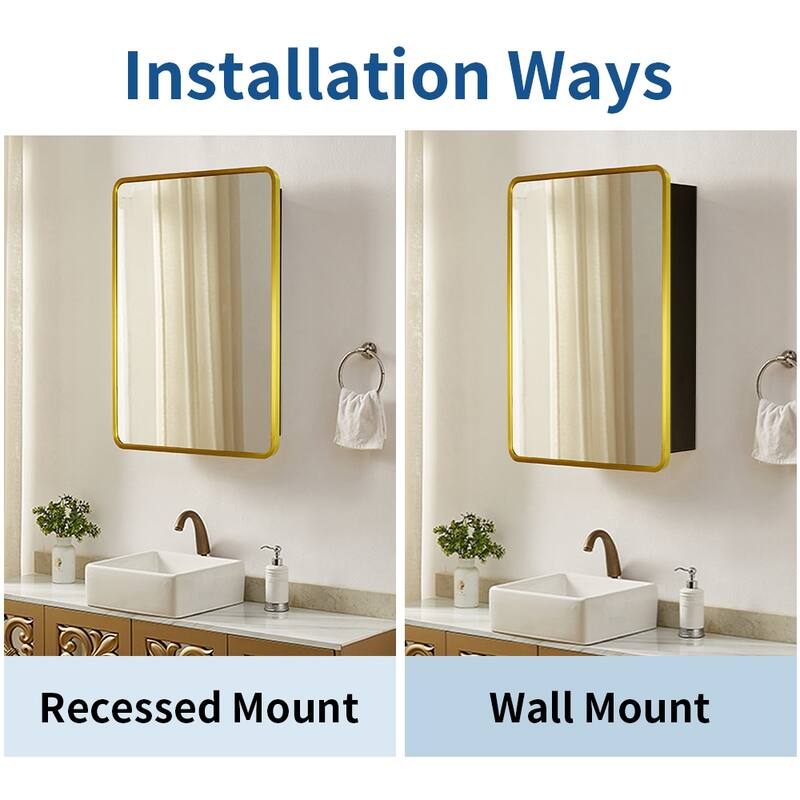 24X30 Inch Gold Metal Framed Wall Mount Or Recessed Bathroom Medicine Cabinet With Mirror