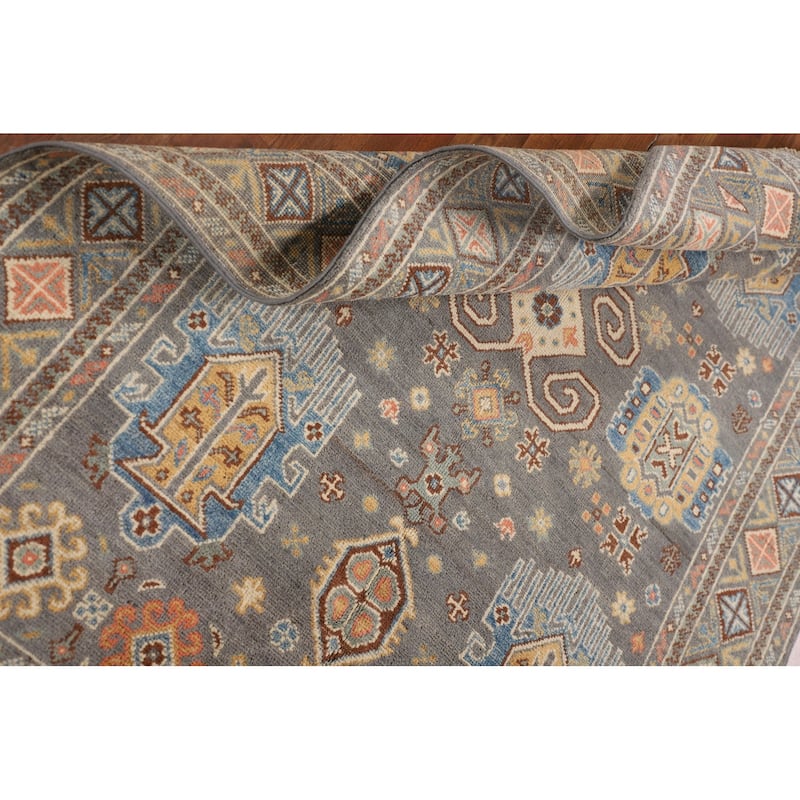 Traditional Kazak Oriental Area Rug Hand-Knotted Grey Wool Carpet - 4'1" x 6'2"