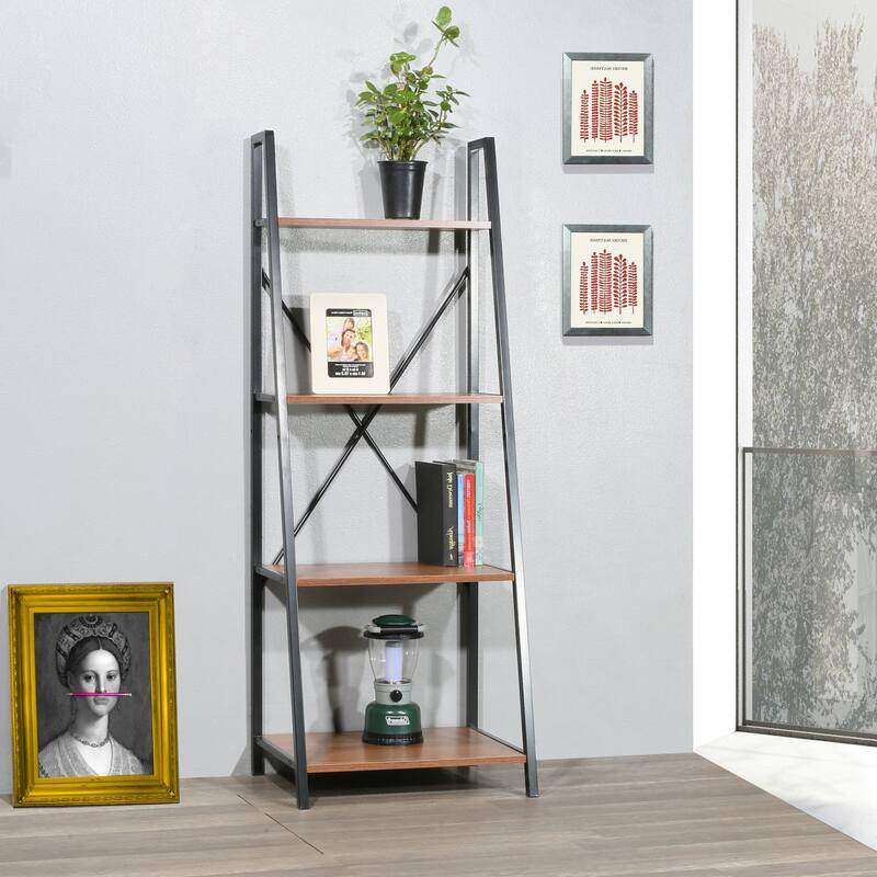 Carbon Loft Cavendish 4-tier Walnut Ladder Bookshelf with Black Frame - 20" x 15" x 53" - 50 inch MDF metal frame ladder bookcase