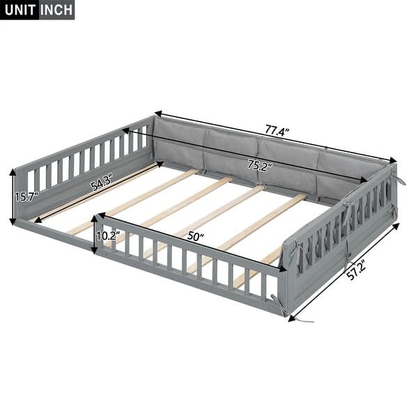dimension image slide 0 of 2, Full Size Montessori Floor Bed with Guardrail & Comfortable Pillow, Upholstered Platform Bed Toddler Bed without Slats for Kids