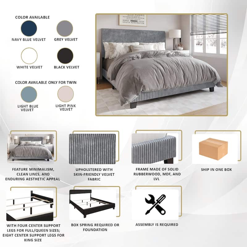 CraftPorch Corduroy 4-pieces Mid-Century Modern Light Blue Twin Size Bed with Light Grey Furniture Bedroom Set