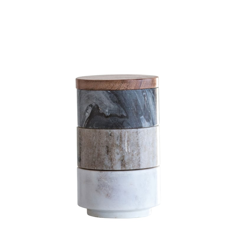 Marble Stacking Pinch Pots with Acacia Wood Lid (Set of 3 Pieces)