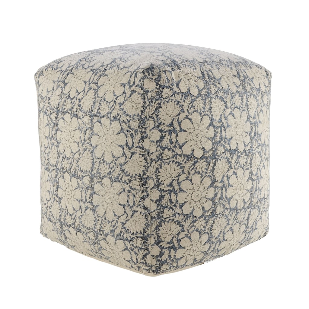 20" Navy Blue and White Floral Handmade Square Pouf Ottoman