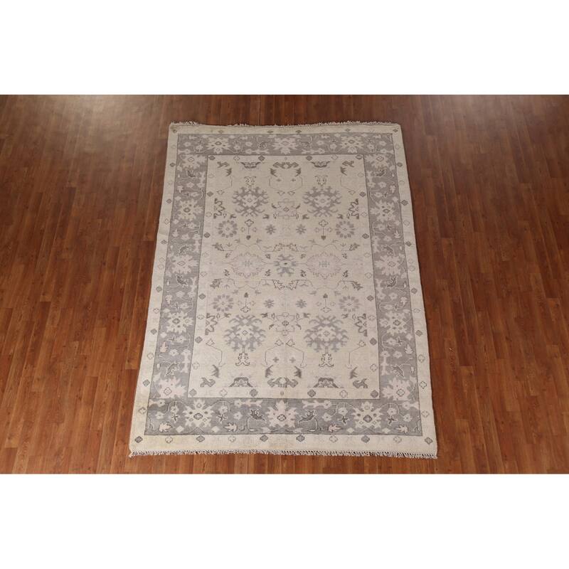 Ivory Oushak Indian Area Rug Hand-Knotted Wool Carpet - 6'3"x 8'8"