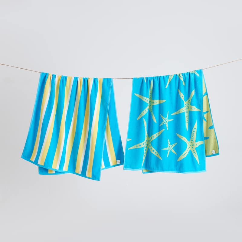 Linery & Co. 100% Cotton Jacquard 2 Pack Summer Beach Towels - 2 Pack- 30" x 60" - Starfish - Blue / Yellow