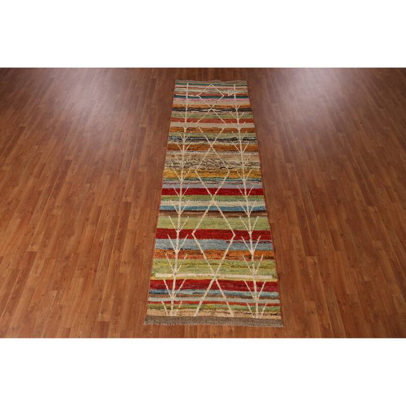 Geometric Moroccan Runner Rug Oriental Handmade Wool Carpet - 3'1" x 9'7"