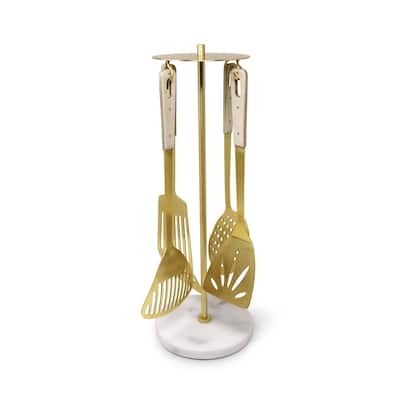 Serving Utensils Gold with Marble Handles, Set of 4 - Gold/Marble