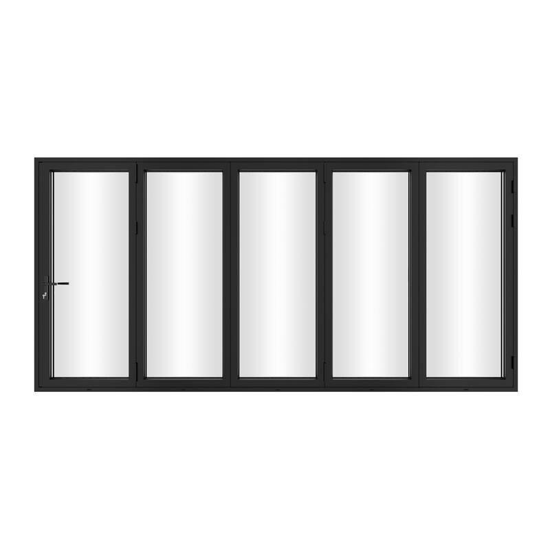 KaMic 168"×80" 5 Panels Aluminum Folding Door In Black,Folded Out From Left To Right Model #:FD5PBK16880-LR