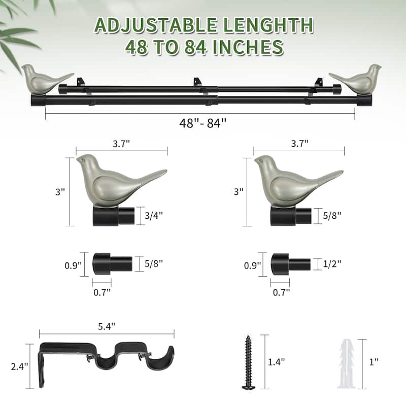 MERIVILLE 3/4" Diameter Farmhouse Double Window Curtain Rod, Bird Finials