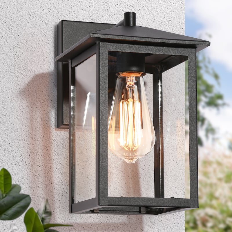 Modern Black 1-Light Outdoor Wall Sconces Patio Lantern Lights - L 6.3" x W 8.7" x H 11"