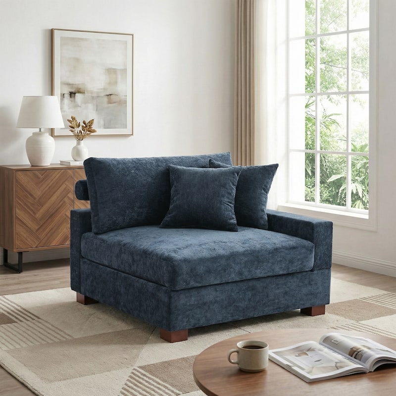 41" W Modern Chenille Corner Arm Accent Chair Sectional Module with Pillows - Right Facing - Blue