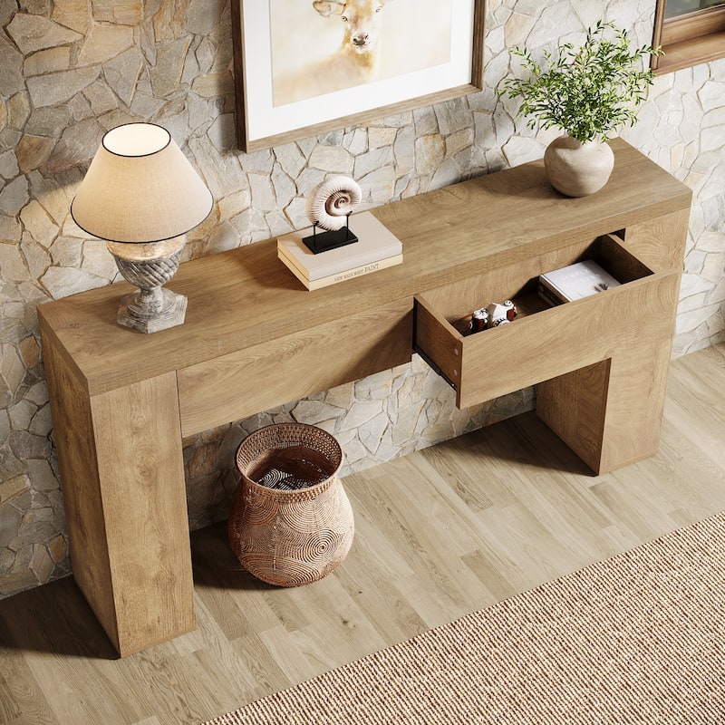 63-Inch Wooden Console Table with 2 Hidden Drawers, Sofa Table for Living Room, Hallway, Entrance, Foyer
