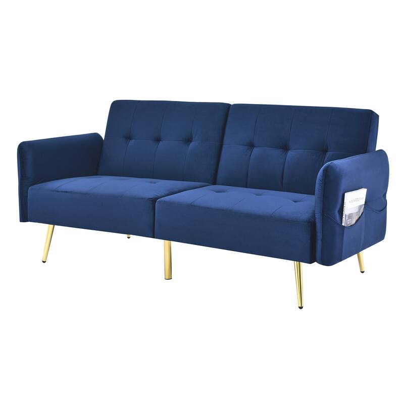 Italian Velvet Convertible Sleeper Sofa Bed with with Folded Armrests and Storage Bags