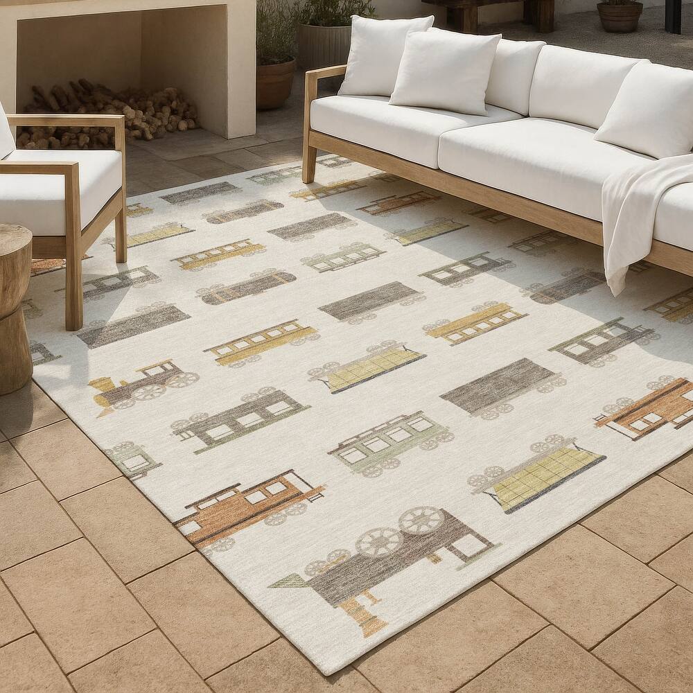 Machine Washable Indoor/ Outdoor Modern Train Chantille Rug