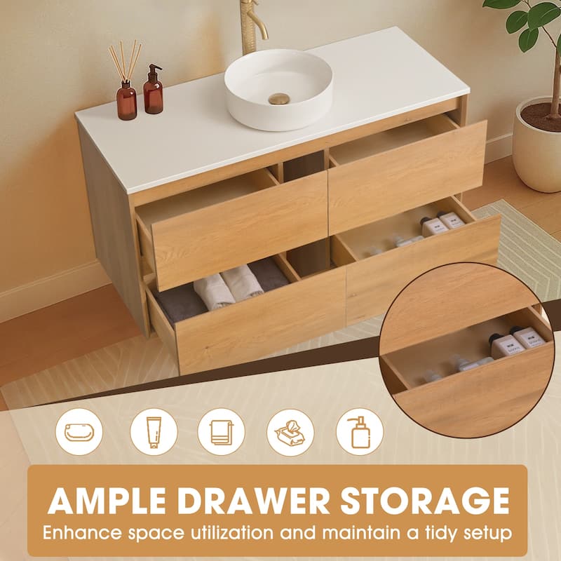 48" Floating Bathroom Vanity Quartz Counter Top with Ceramic Vessel Sink