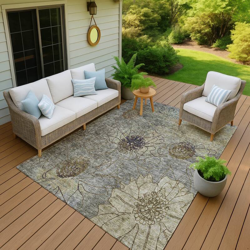 Machine Washable Indoor/ Outdoor Contemporary Floral Chantille Rug - Pewter - 3' x 5'