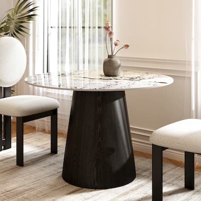 Small Round Modern Dining Table 43" Kitchen Table With Black Pedestal For 5 Person