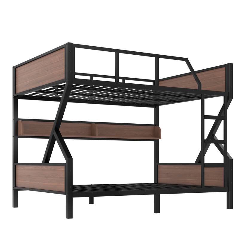 Metal Bedframe Queen Over Queen Bunk Bed with Storage Shelves and LED Light Strip, Space-saving & Noise-free Design