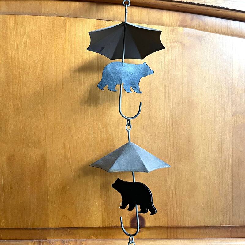 Rustic Black Bear & Umbrella Rain Chain - 75" Long Distressed - 4.25 X 75 X 4.25 inches