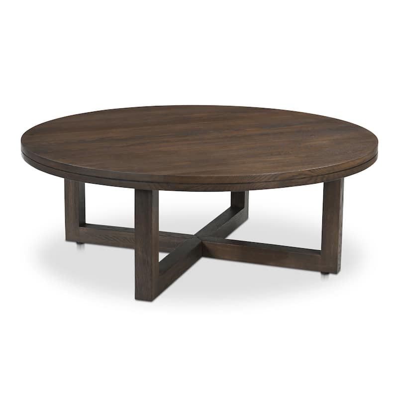 NADAAL STUDIOS Arlisse Coffee Table, Round Top, Solid Oak, Dual‑Layer Top with V‑Groove Iron Crisscross Base, Dark Brown
