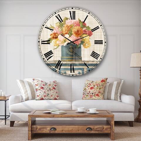 Designart 'Tulips in Teal and Gold Hatbox on Linen' Cabin & Lodge Wall CLock