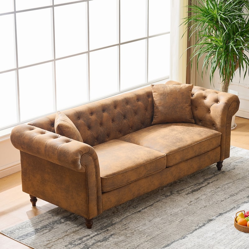 Roomfitters Two 80" Classic Chesterfield Upholstered Sofa Set, Button Back Scrolled Arm 3+3 Living Room Couch Set, Brown