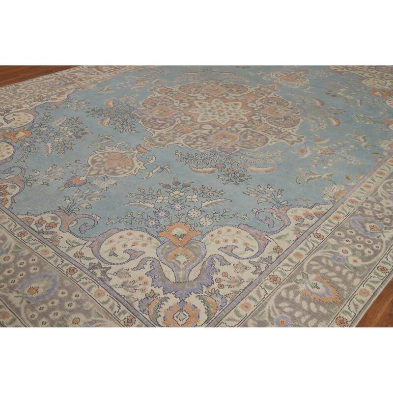 Blue Medallion Tabriz Persian Vintage Rug Hand-Knotted Wool Carpet - 9'7" x 12'4"