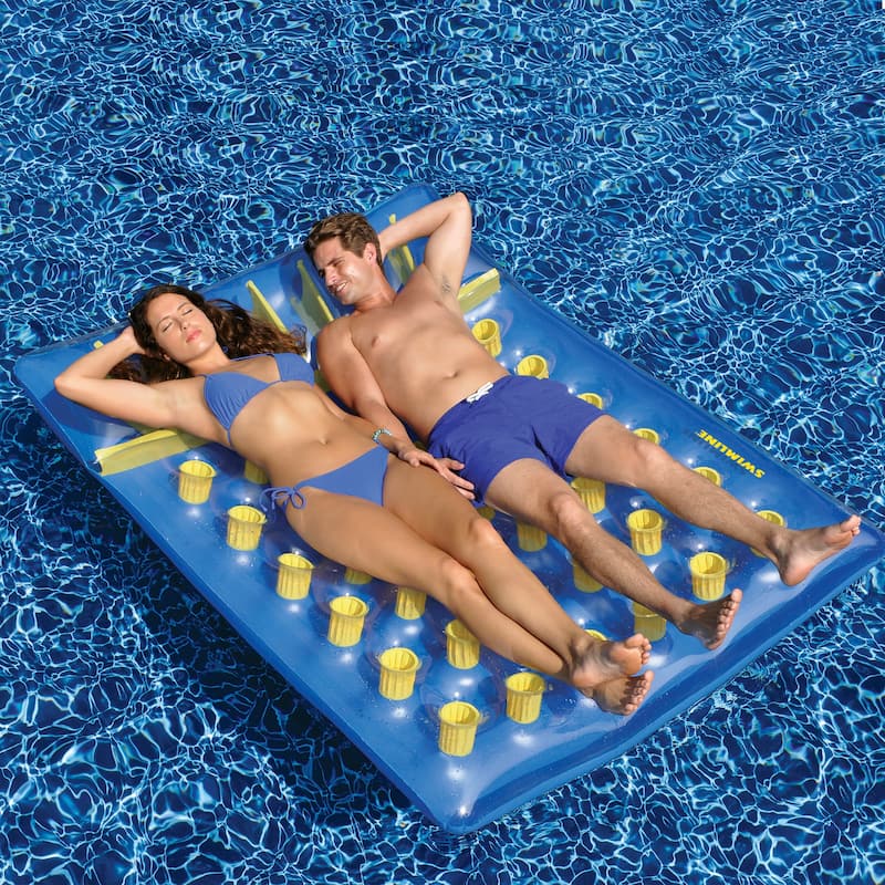 78" Inflatable Blue and Yellow Water Sports 36 Pocket Double Pool Mattress