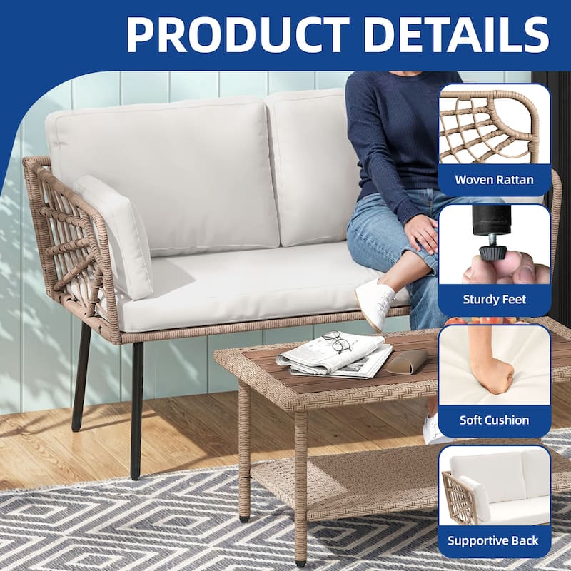Moasis 2 Pieces Patio Furniture Set,Rattan Wicker Loveseat with Coffee Table