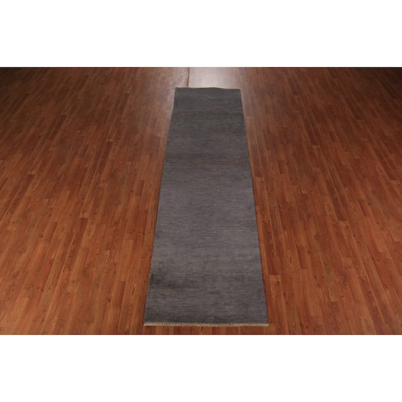 Hand Knotted Oriental 100% Wool Carpet Modern Solid Greys & Charcoal Gabbeh Runner Rug - 9' 9'' X 2' 10''