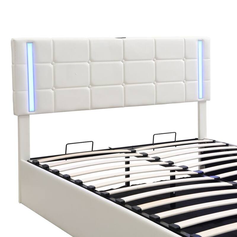 Queen Size Upholstered Bed with LED Lights,Hydraulic Storage System and USB Charging Station