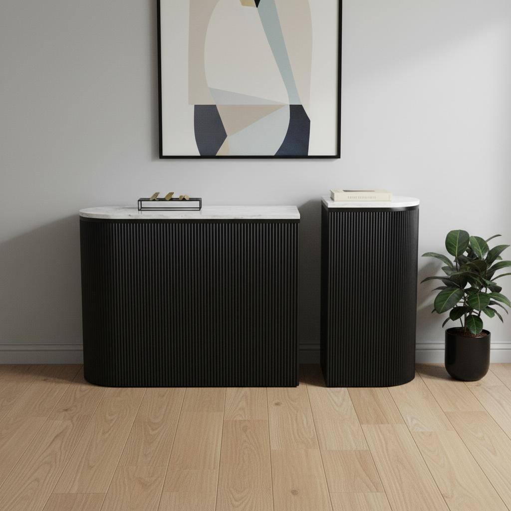 HomeRoots Set of Two 35" White and Black Genuine Marble and Solid Wood Oval Solid Console Tables