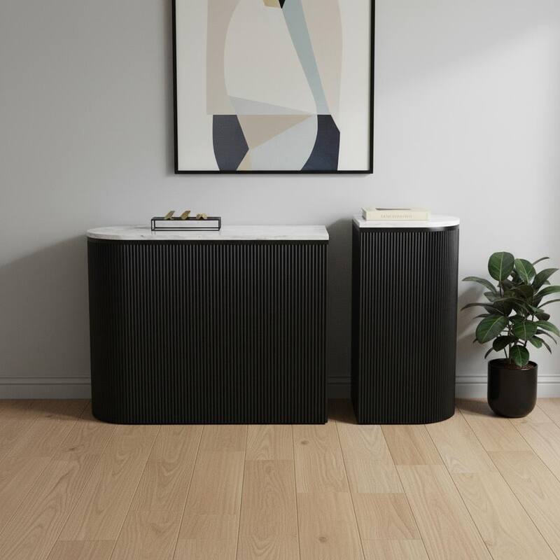 HomeRoots Set of Two 35" White and Black Genuine Marble and Solid Wood Oval Solid Console Tables - White