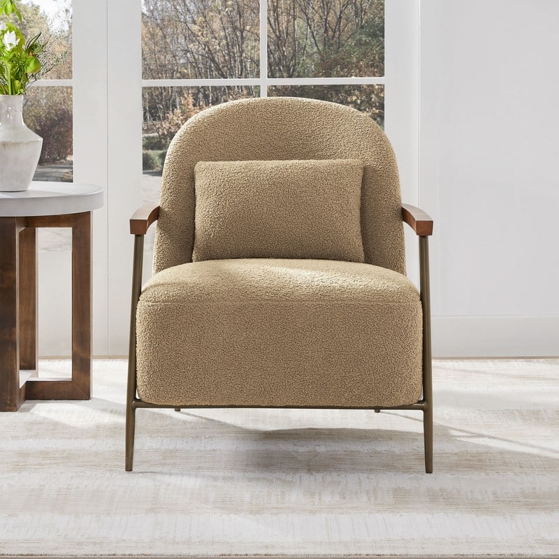 Spruce & Spring Anthony Modern Upholstered Faux Sherpa Chair with Wood Arms&Metal Legs
