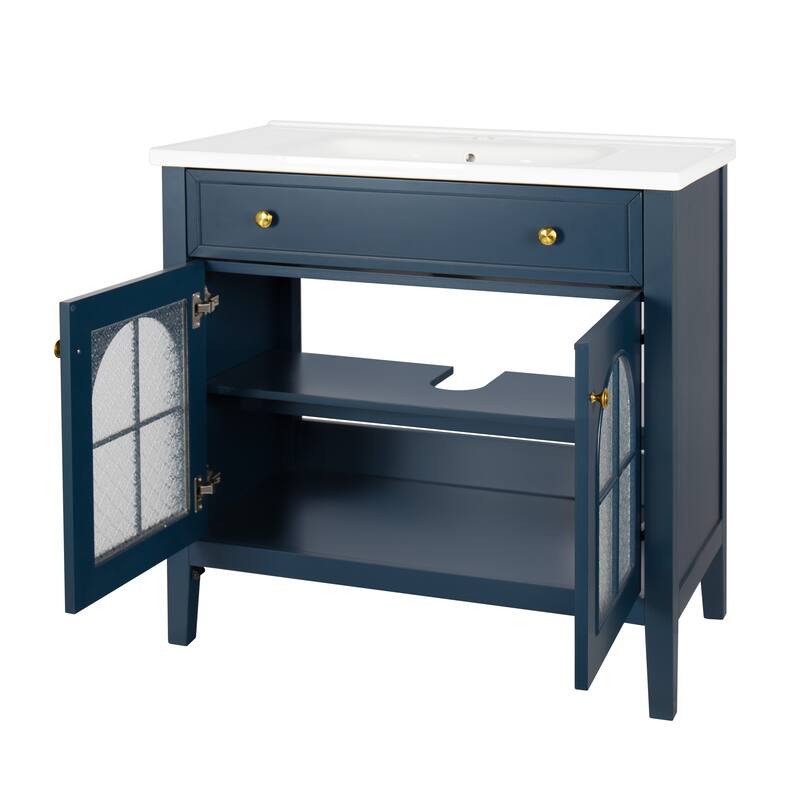 35.6-Inch Mid-Century Bathroom Vanity Sink with Patterned Glass & Motion-Sensor Light, Farmhouse Storage Vanity