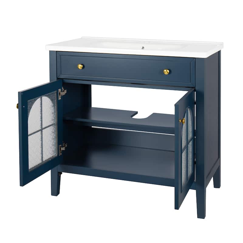 Modern Single Sink Bathroom Vanity Cabinet with Motion-sensor Light Strip & Patterned Glass, Ceramic Integrated Basin