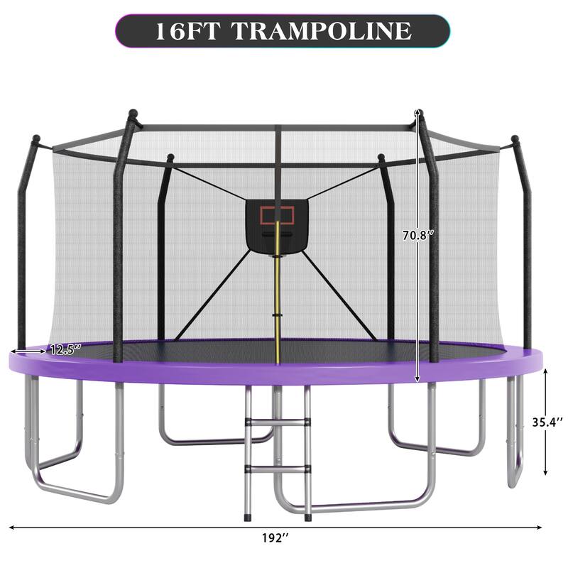 16FT Trampoline with Lights and Basketball Hoop, Outdoor Recreational 16" Trampoine for Kids and Adults