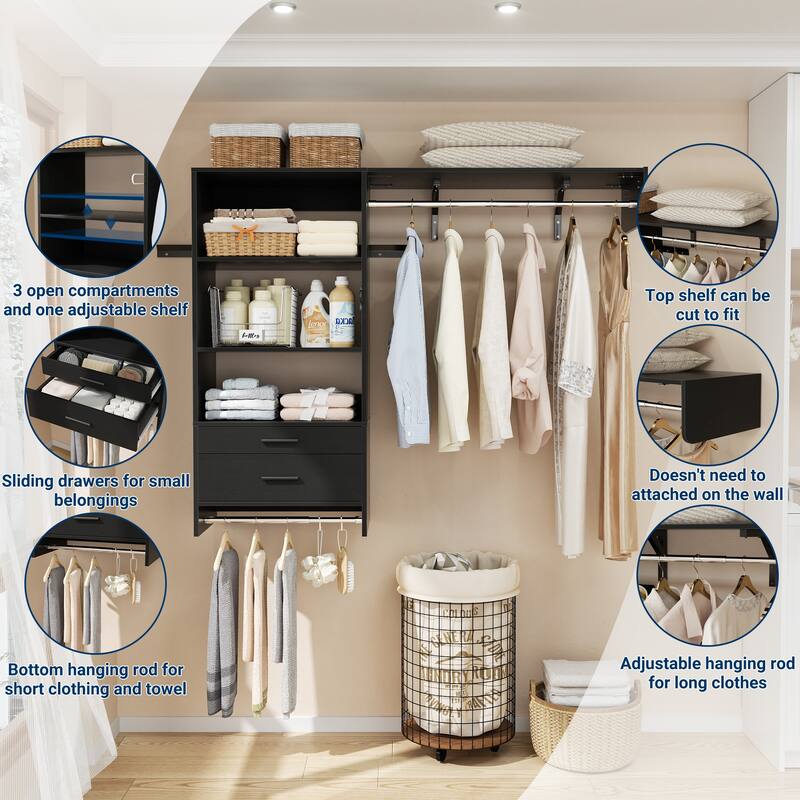 Rackcog Laundry Room Organizer with Drawers, Wall-mounted Closet System with Hanging Rods