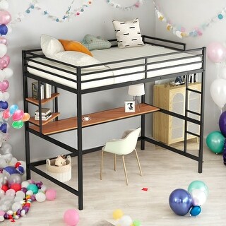Full Size Loft Bed With Desk and Shelve,Solid Construction