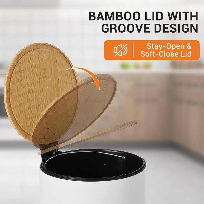 8 Gallon Step Trash Can with Natural Bamboo Lid, Removable Inner Bucket for Kitchen