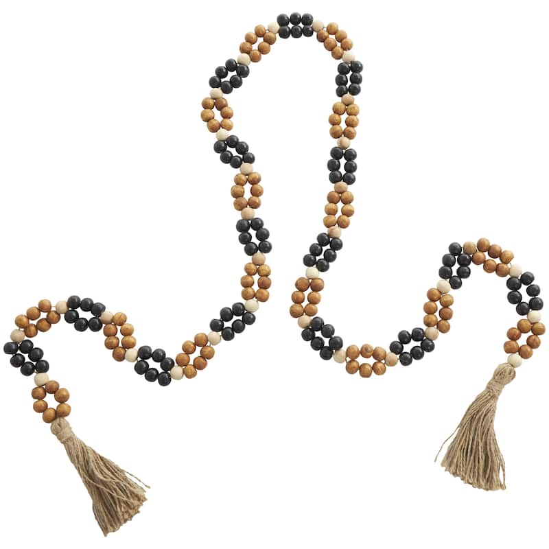 Mango Wood Handmade Round Double Layered Long Carved Beaded Garland with Tassel - Brown - Roche River Decor